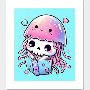 Kawaii Skeleton In a Jellyfish Costume Reading Book Posters and Art